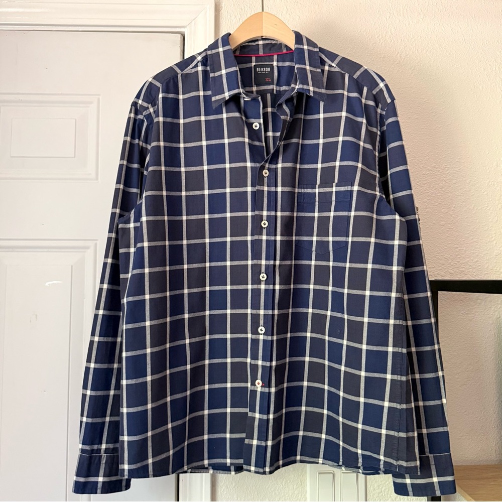 BENSON‎ NEW YORK blue white plaid long sleeve button up shirt